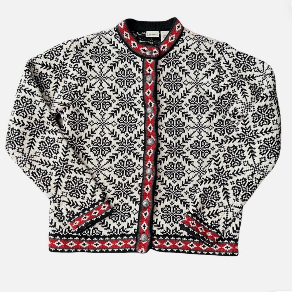 LL Bean Vintage Women's Nordic Sweater Cardigan Snowflake Fair Isle Cotton